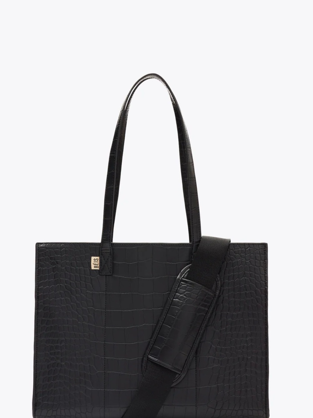 BEIS Black Croc-Embossed Laptop Tote with Detachable Strap